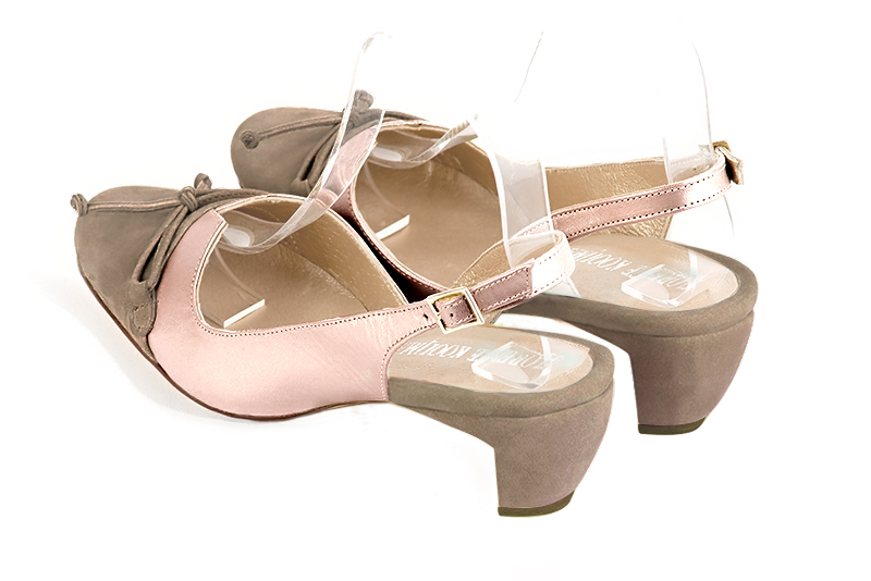Tan beige and powder pink women's open back shoes, with a knot. Round toe. Low comma heels. Rear view - Florence KOOIJMAN
